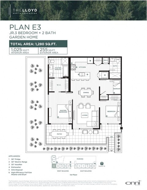 Floor plan for 3 beds, 2 baths, 1023 sqft
